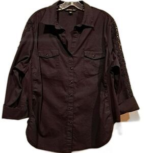Zac & Rachel Woman black plus-size button-up top blouse crochet sleeves sz 2X